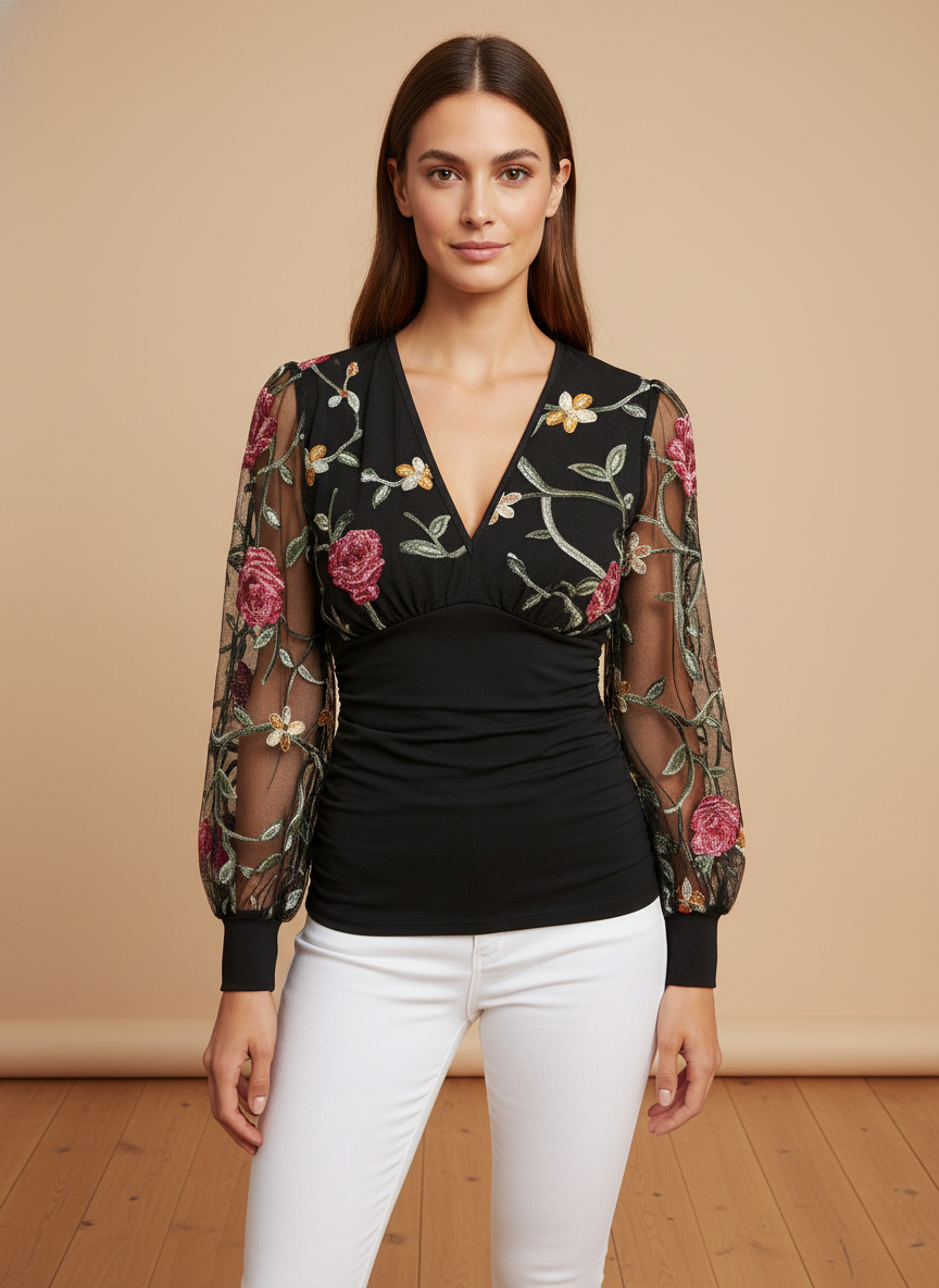 T-Shirt Pizzo Floreale Scollo a V
